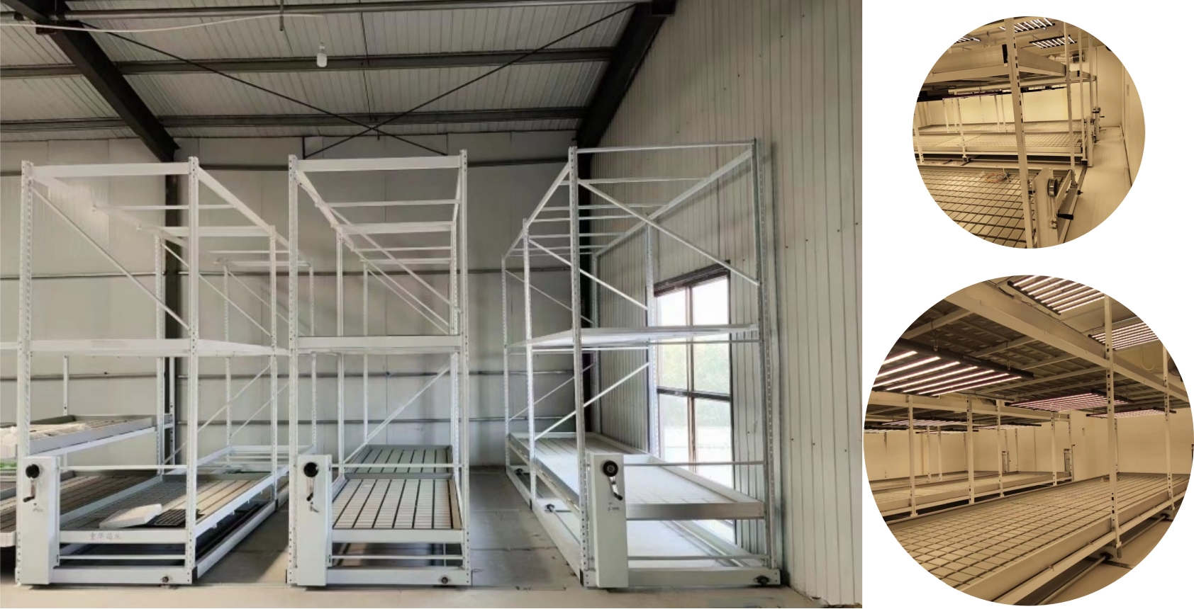 Vertical farming warehouse with double layer rolling bench system