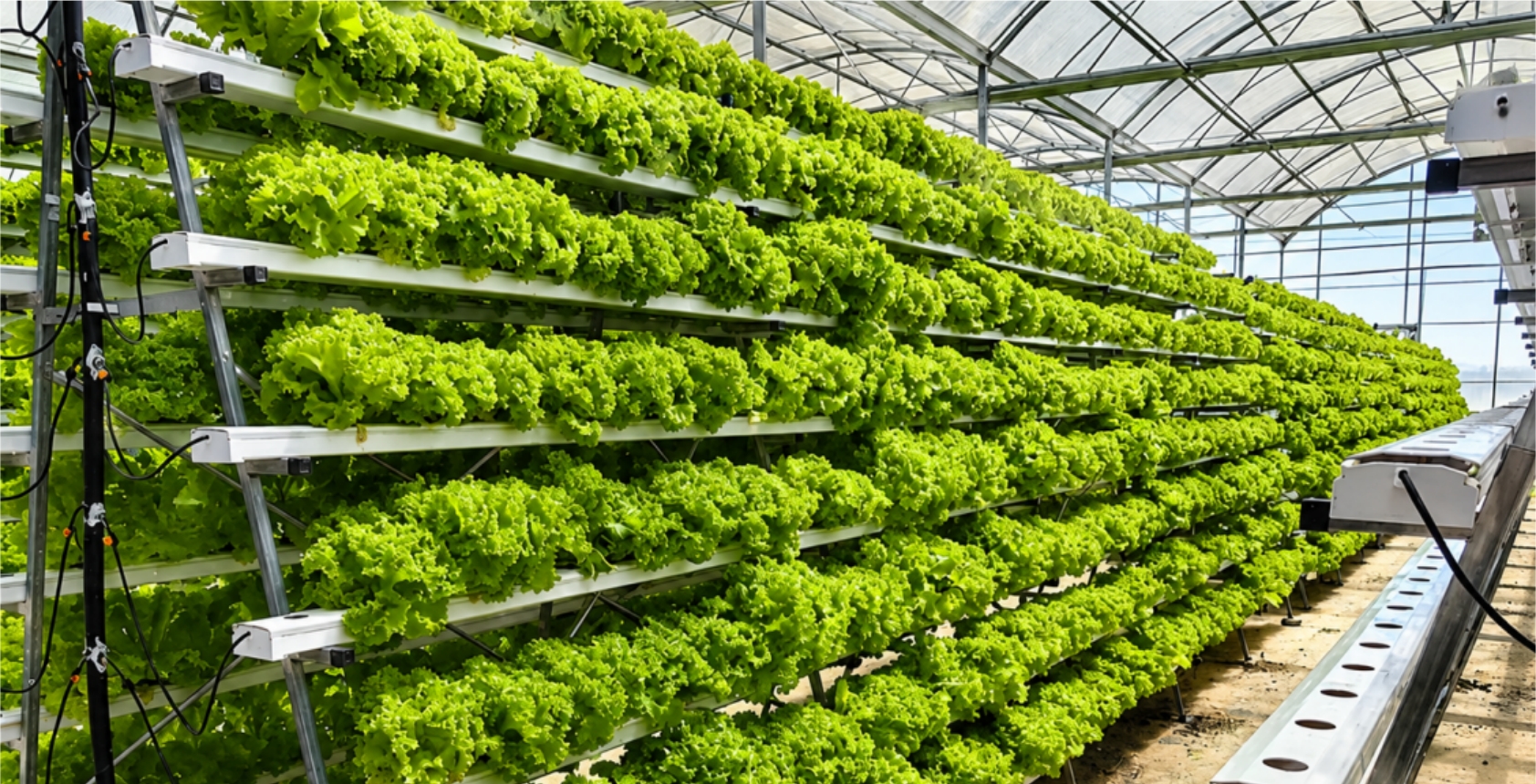Vertical hydroponic lettuce growing system inside a commercial greenhouse in the Netherlands