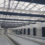 Aluminum ebb and flow benches installed in a commercial cannabis greenhouse