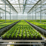 Commercial greenhouse seedbed system with rolling benches and growing trays