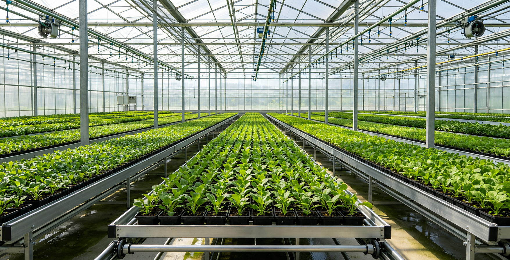 Commercial greenhouse seedbed system with rolling benches and growing trays