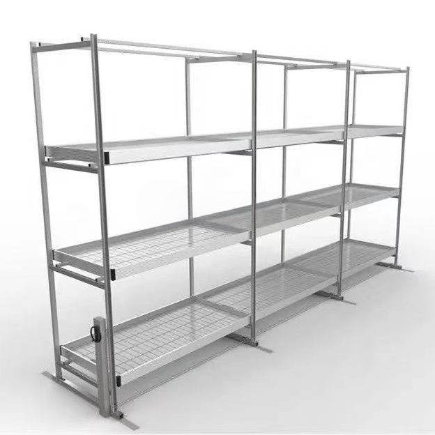 Multi tier greenhouse growing bench structure with galvanized steel frame and cultivation trays