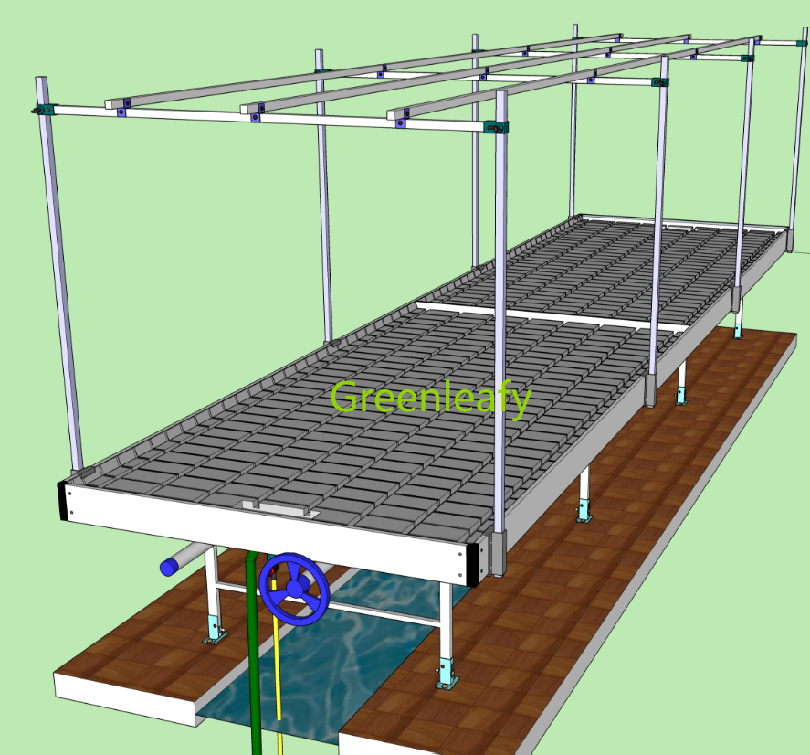 Technical drawing of ebb and flow flood bench system for commercial greenhouse cultivation
