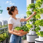 Hydroponic tower home garden growing fresh vegetables on a balcony