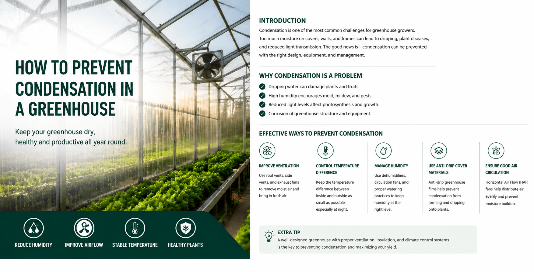 How to prevent condensation in a greenhouse with proper ventilation, humidity control, anti-drip film, and air circulation systems