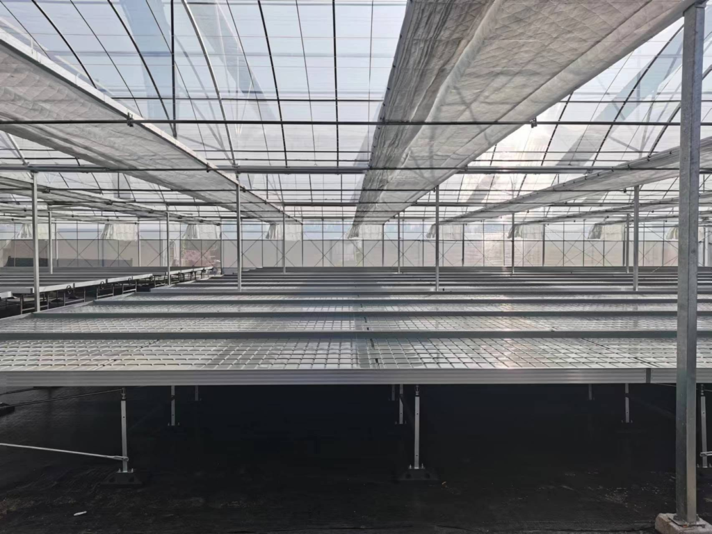 Empty ebb and flow rolling benches installed in a modern commercial greenhouse, showing aluminum flood tables, galvanized steel supports, and under-bench irrigation layout.