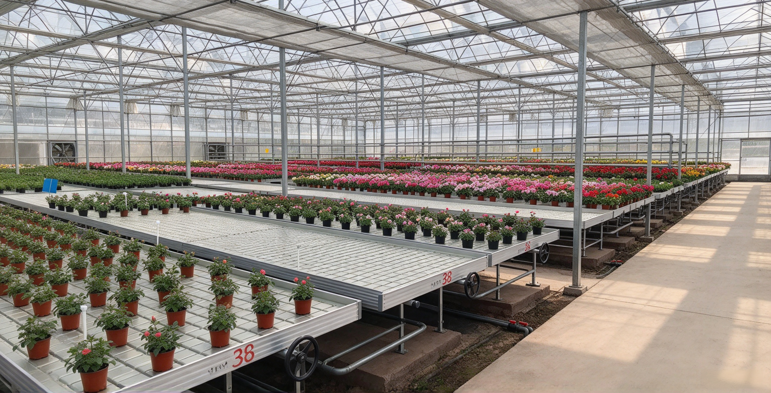 Modern commercial greenhouse interior with ebb and flow rolling benches, tidal seedbeds, potted seedlings, and flowering plants arranged in neat rows for efficient nursery production.