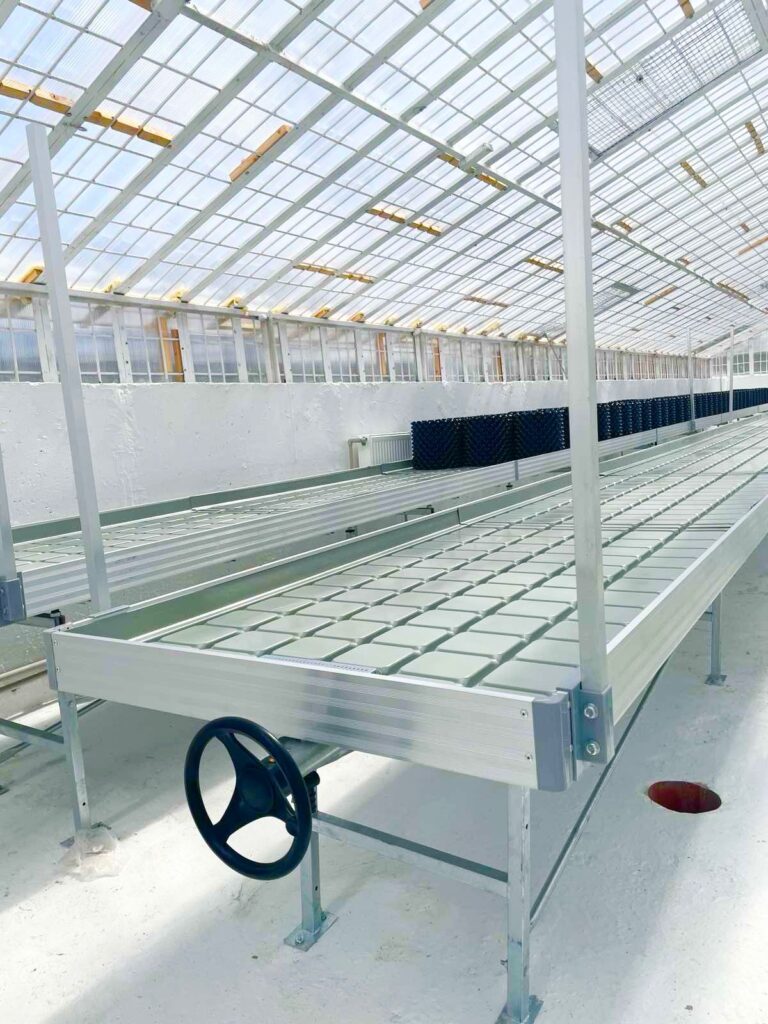Movable greenhouse growing bench with metal frame and wheel mechanism
